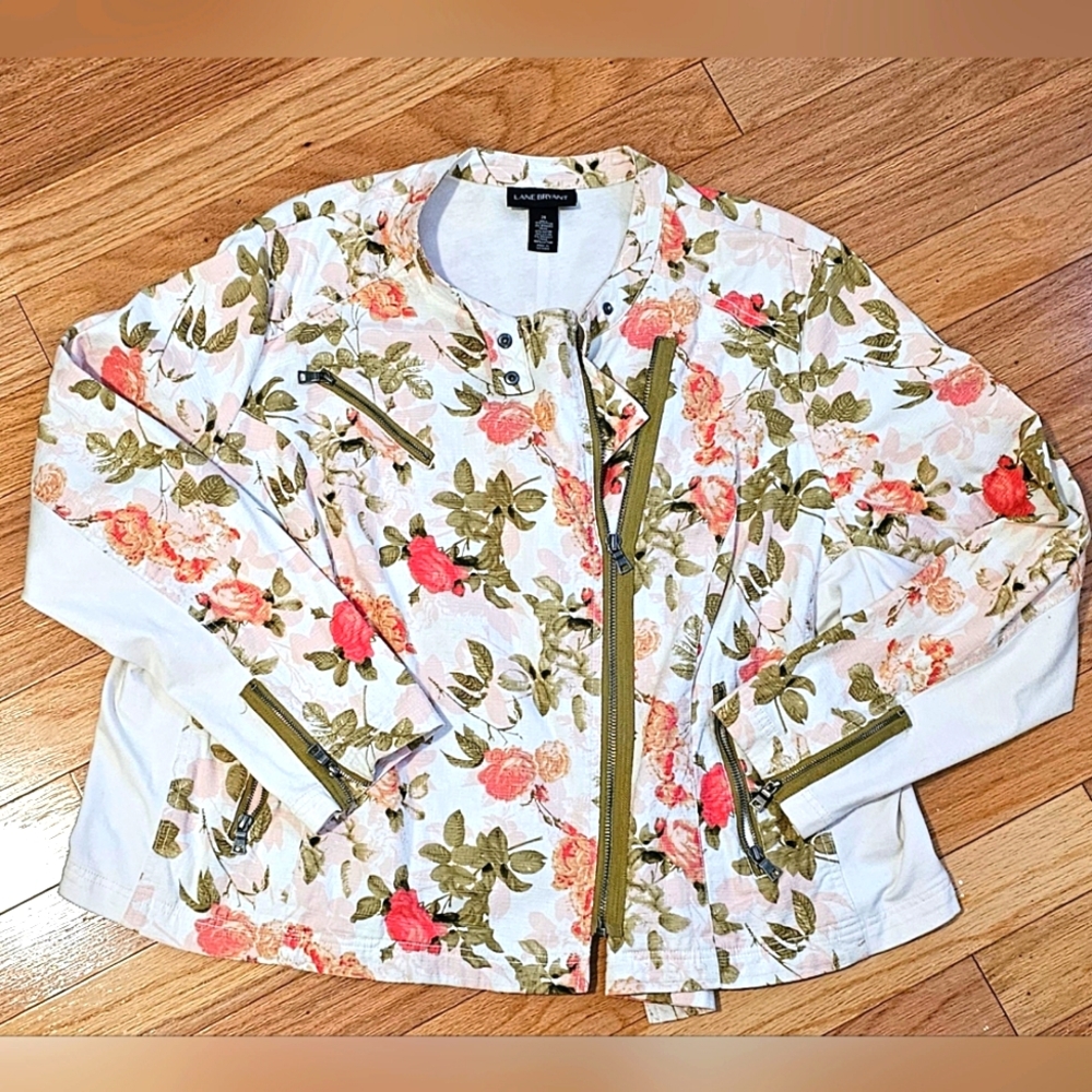 Lane Bryant Floral Motorcycle Jacket, Sz 28 Olive, pink, and cream